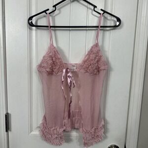 Pink mesh babydoll top with ruffles and tie front bow. Medium